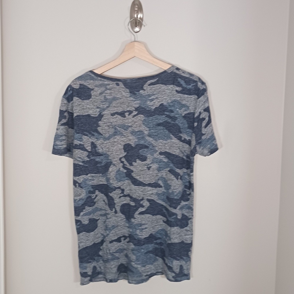 Zadig & Voltaire Camo Linen Blend Tee L Blue Gray Scoop Neck Top - Picture 3 of 5